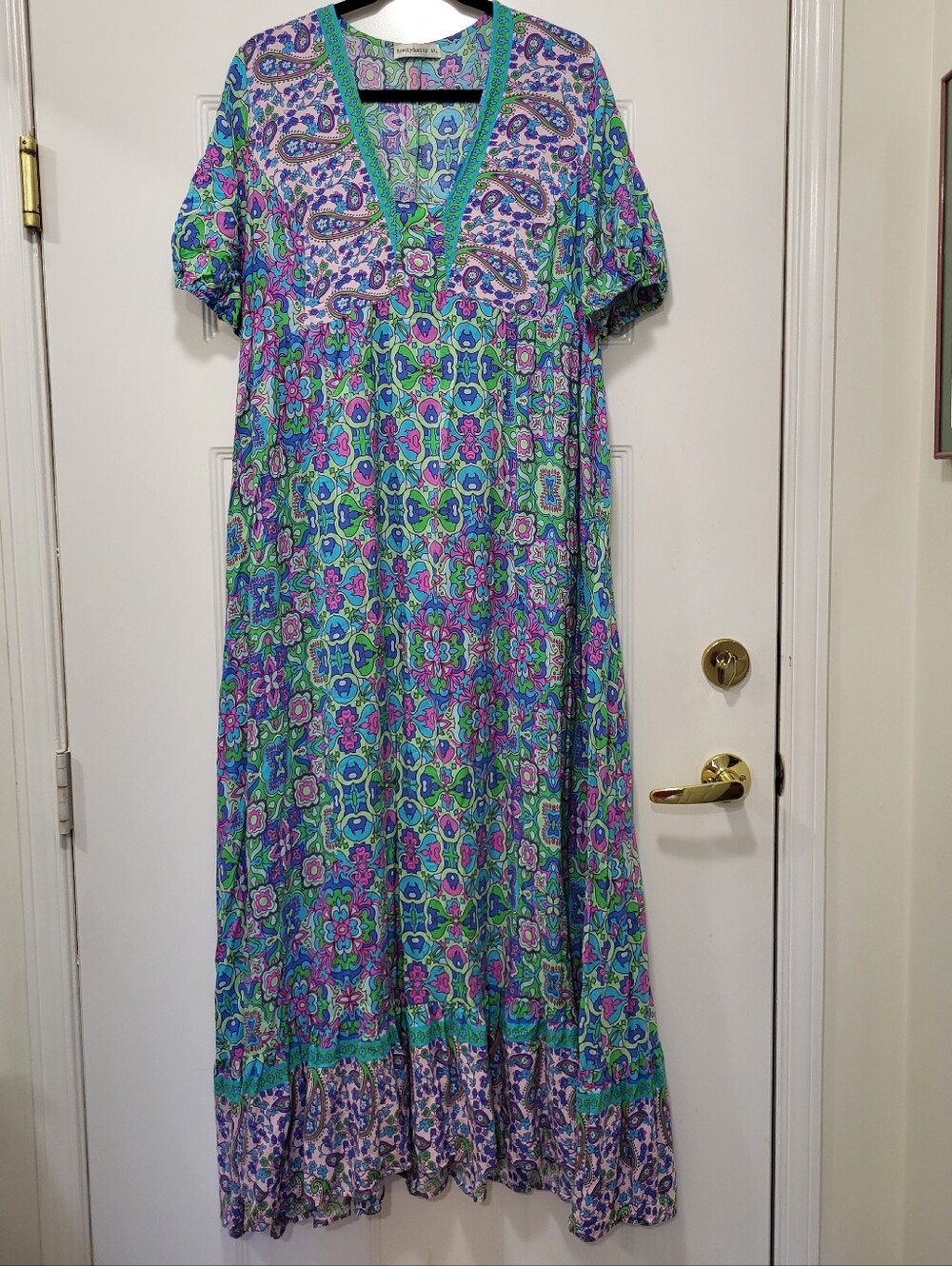 Bright Floral Paisley Maxi Dress in Green and Purple